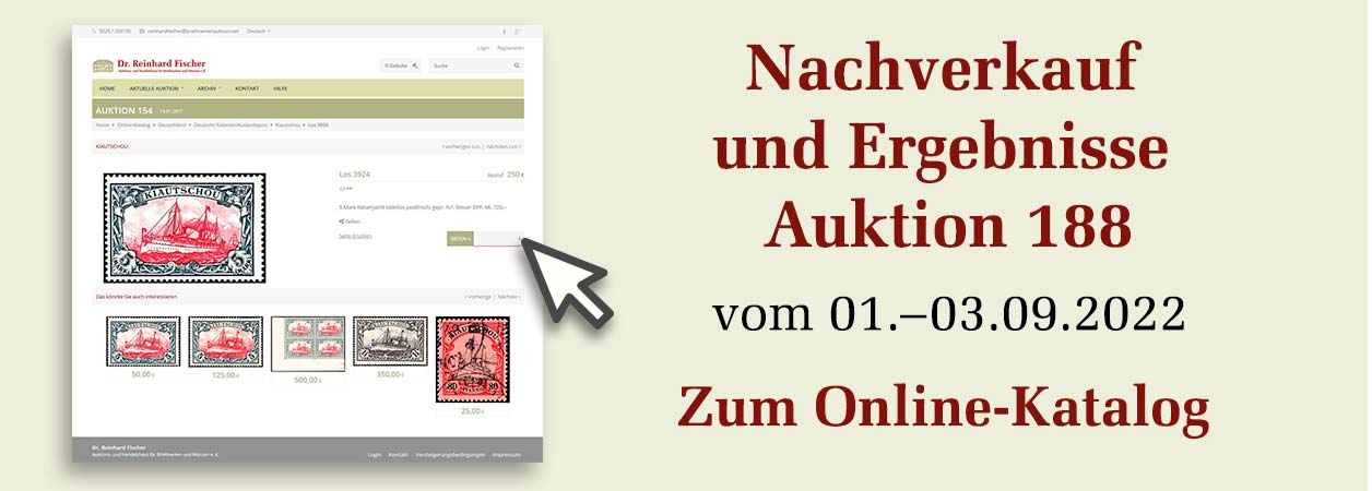 Nachverkauf und Ergebnisse der Briefmarken-, Münz- und Schmuck-Auktion 188 am 1.-3. September 2022